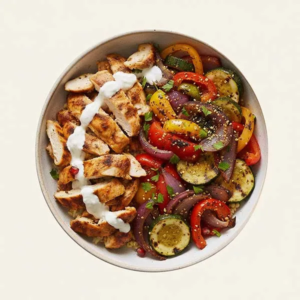 Lebanese Chicken Shawarma Bowl with Grilled Zaatar Vegetables & Garlic Toum Sauce